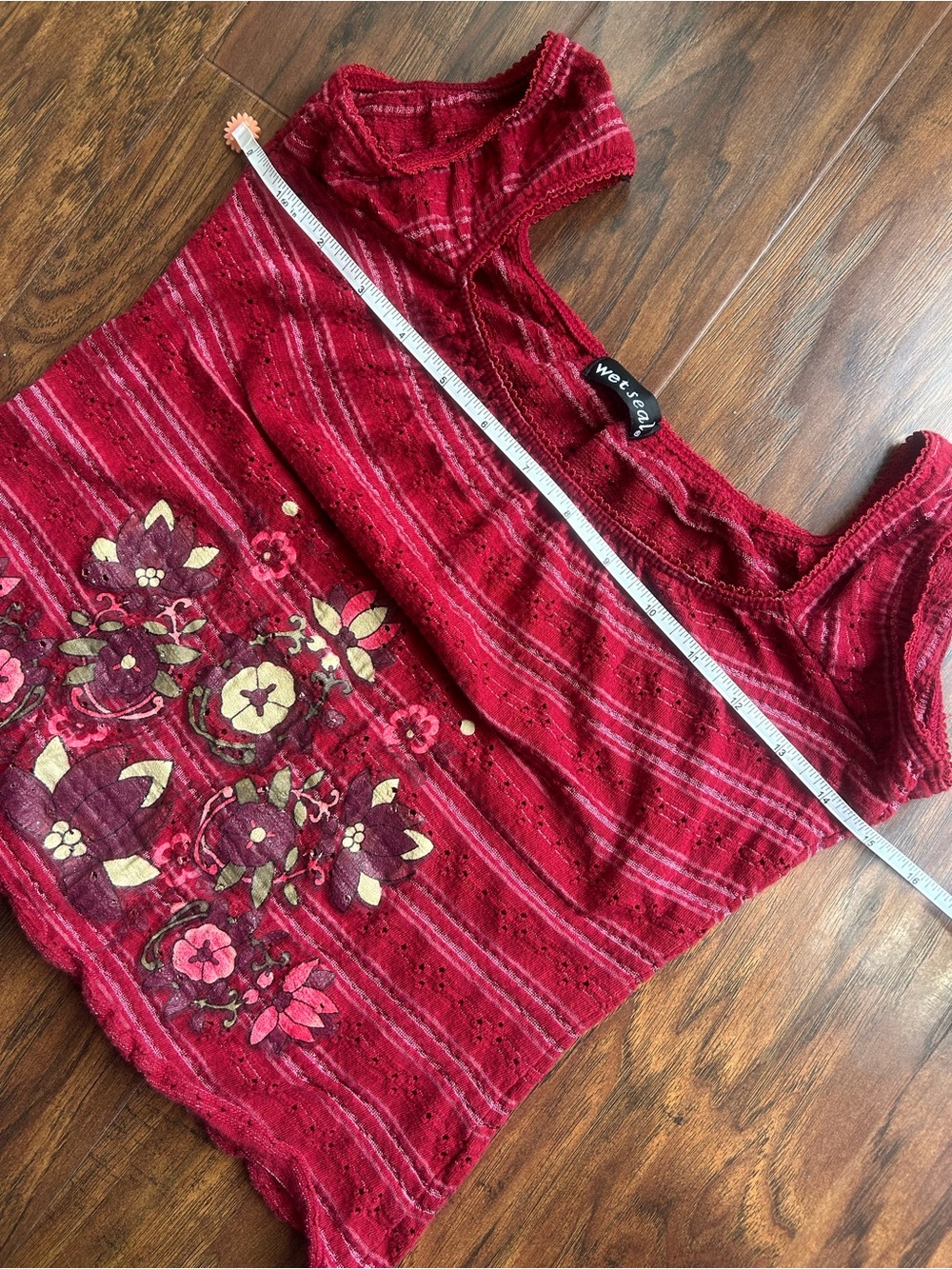 Wet Seal Vintage Red Babydoll top w/ stripes & embroidered florals • Small • Y2K - Picture 7 of 8